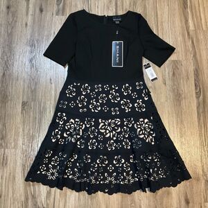 New Shani Laser Cut Crepe Dress Ponte Fit & Flare‎ Black Nude Size 10 Floral NWT